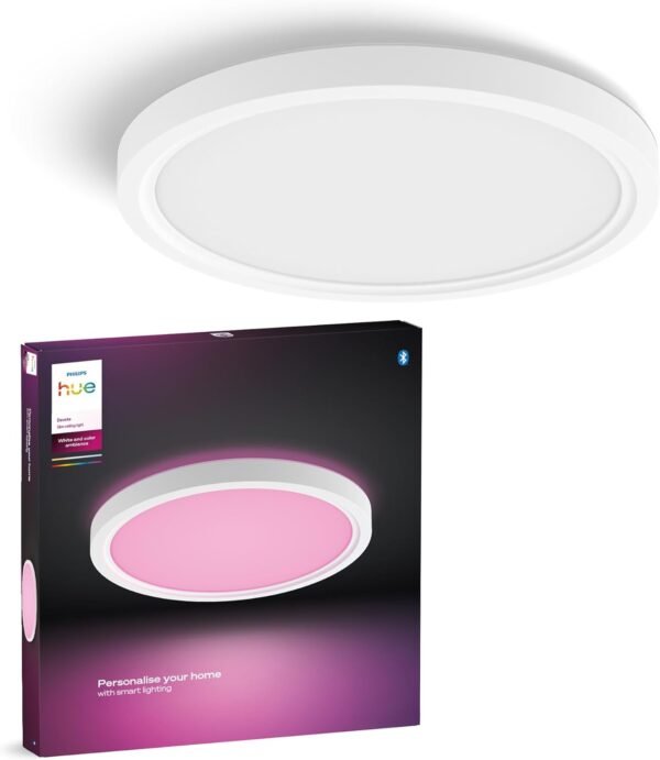 Philips Hue Devote Smart LED-Panel-Licht, weißes und farbiges Ambiente, rund 30 cm, 16,6 W, 2000 Lumen, weißer Rahmen für Innenbeleuchtung, Decke, Wohnzimmer, Küche, Flur