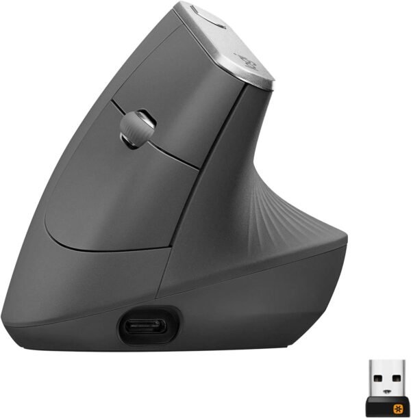 Logitech MX Vertical, Ergonomische Kabellose Maus, Bluetooth und 2.4 GHz Verbindung via Unifying USB-Empfänger, 4000 DPI Sensor, Wiederaufladbarer Akku, 4 Tasten, Multi-Device, PC/Mac/iPadOS - Graphit Besuche den Logitech-Store