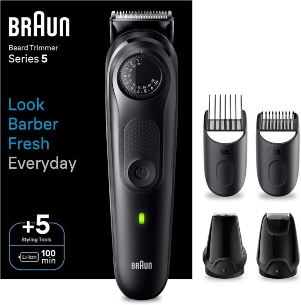 Braun Barttrimmer Series 5, Bartschneider und Trimmer Herren, mit ultrascharfer Klinge, 40 Längeneinstellungen, Tasche, 100 Min. kabellose Laufzeit, BT5430