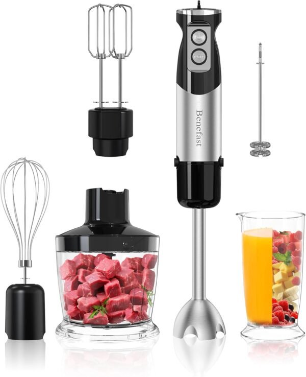 Benefast Elektrische Stabmixer 6 in 1 Stainless Steel Pürierstab Set, 1000W Stark Leistung, 12 Geschwindigkeiten & Turbo-Taste Blender für die Zubereitung von Salaten, Suppen und Teig